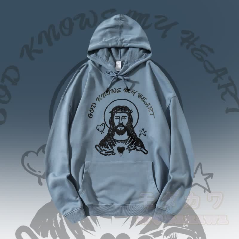 MODAKAWA GOTT KENNT MEIN HERZ God Graphic Streetwear Pullover Hoodie - Blau - 5XL - image 3