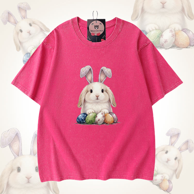 Modakawa Unisex Vintage Washed T-Shirt mit Osterhasen-Motiv - Rose Red - 5XL - image 8