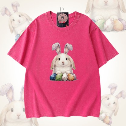 Modakawa Unisex Vintage Washed T-Shirt mit Osterhasen-Motiv - Rose Red - 5XL - image 8