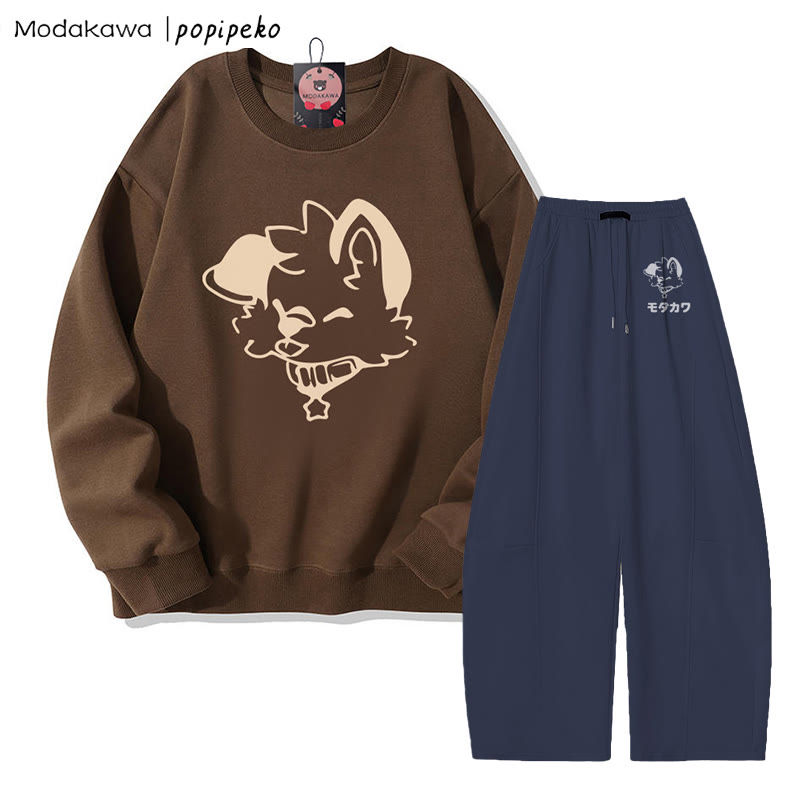 MODAKAWA X popipeko Sweatshirt mit Zungen-Welpen-Grafik, weit geschnittene Hose, zweiteiliges Set - Brown&Purplish Blue - 5XL - image 6