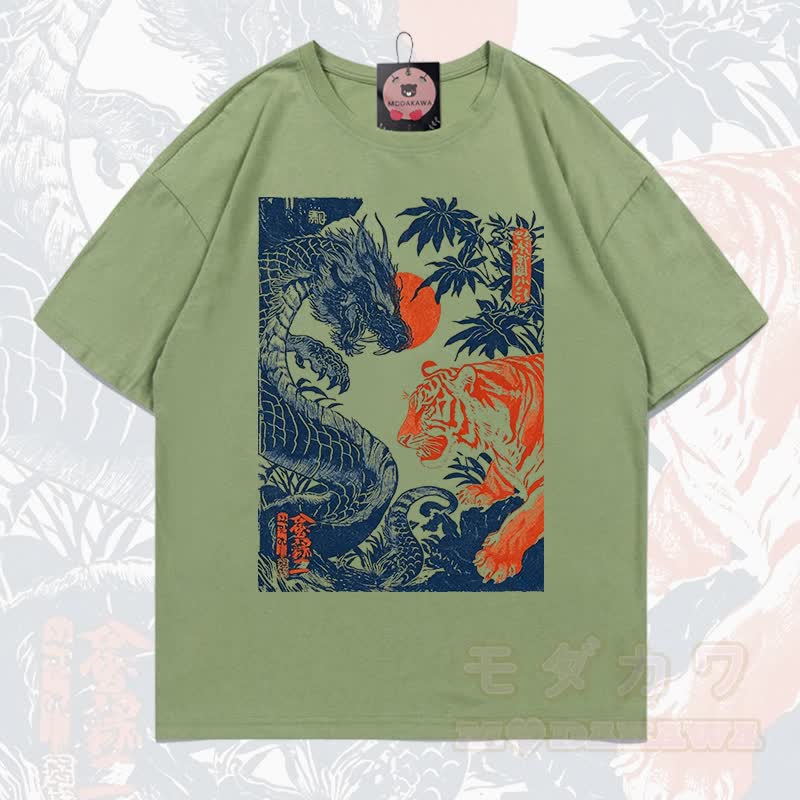 MODAKAWA Sommer-T-Shirt mit Drachen- und Tigerprint, lockere Passform, Kurzarm - Olivgrün - 5XL - image 7