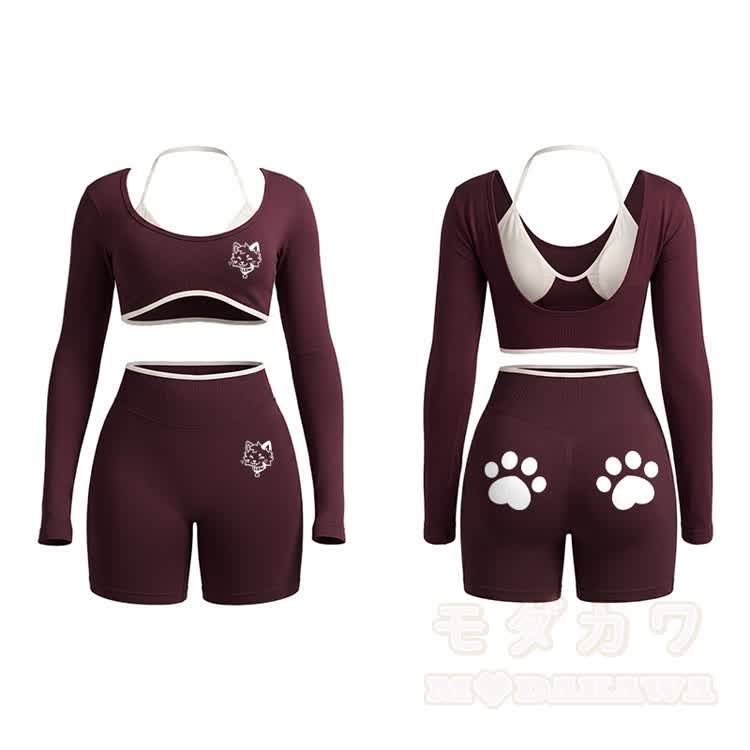 Kitty Graphic Tight Long Sleeve Yoga Top & Shorts Set - Dark Red - XL - image 8