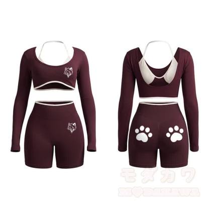 Kitty Graphic Tight Long Sleeve Yoga Top & Shorts Set - Dark Red - XL - image 8