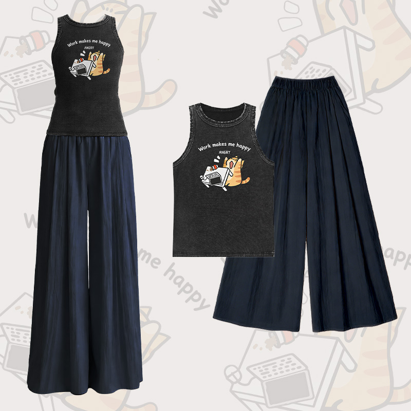 WORK MAKE ME HAPPY Katzenmotiv Vintage Washed Ärmelloses T-Shirt Weite Hose Modakawa Zweiteiliges Set - Set B - L - image 2