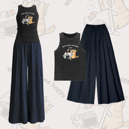 WORK MAKE ME HAPPY Katzenmotiv Vintage Washed Ärmelloses T-Shirt Weite Hose Modakawa Zweiteiliges Set - Set B - L - image 2