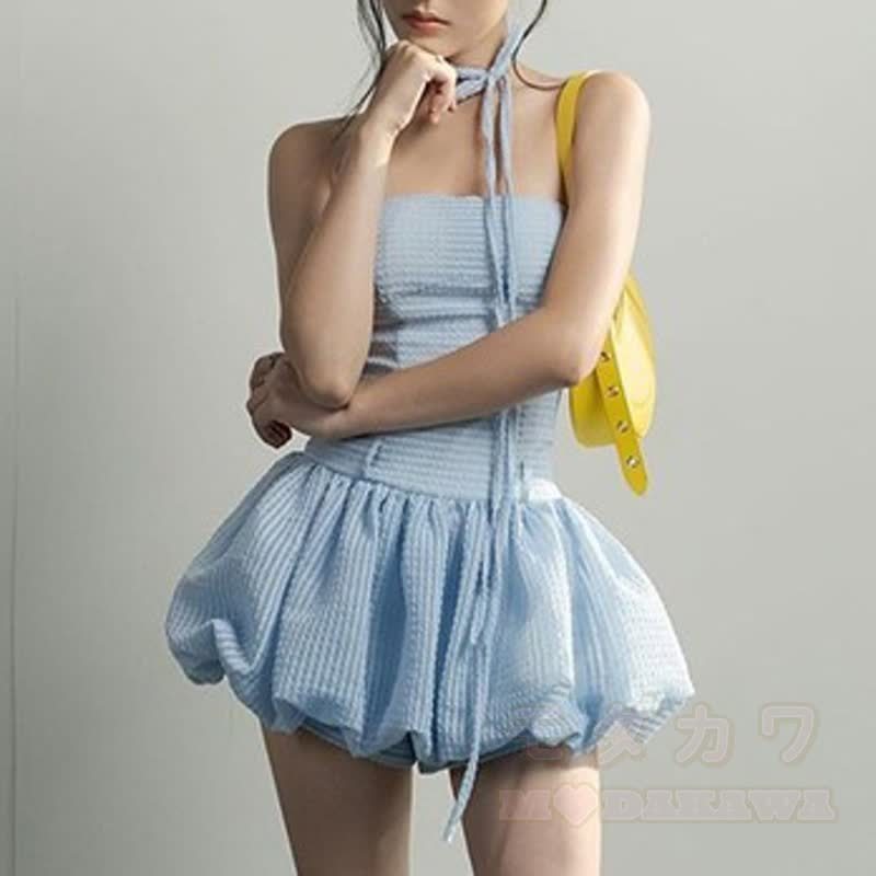 Süßes trägerloses, gerafftes Minikleid mit hohem Bund und ausgestelltem Rock - image 6
