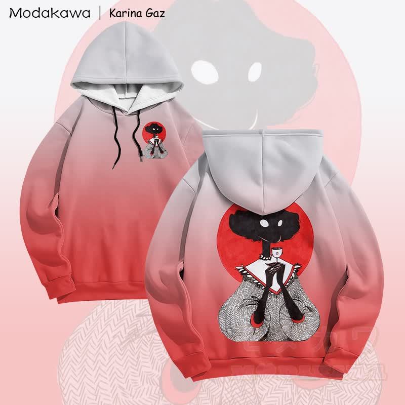 MODAKAWA X Karina Gaz Lady Graphic Gradient Pullover Hoodie - Weiß & Rot - 6XL - image 3