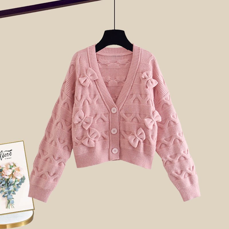 Strickjacke mit Schleife, passender Pullover und Rock - Pink Cardigan Sweater - XL - image 5