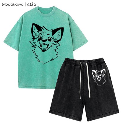 MODAKAWA X atka Fox T-Shirt Vintage Washed Shorts Zweiteiliges Set - Green&Black - 3XL - image 8