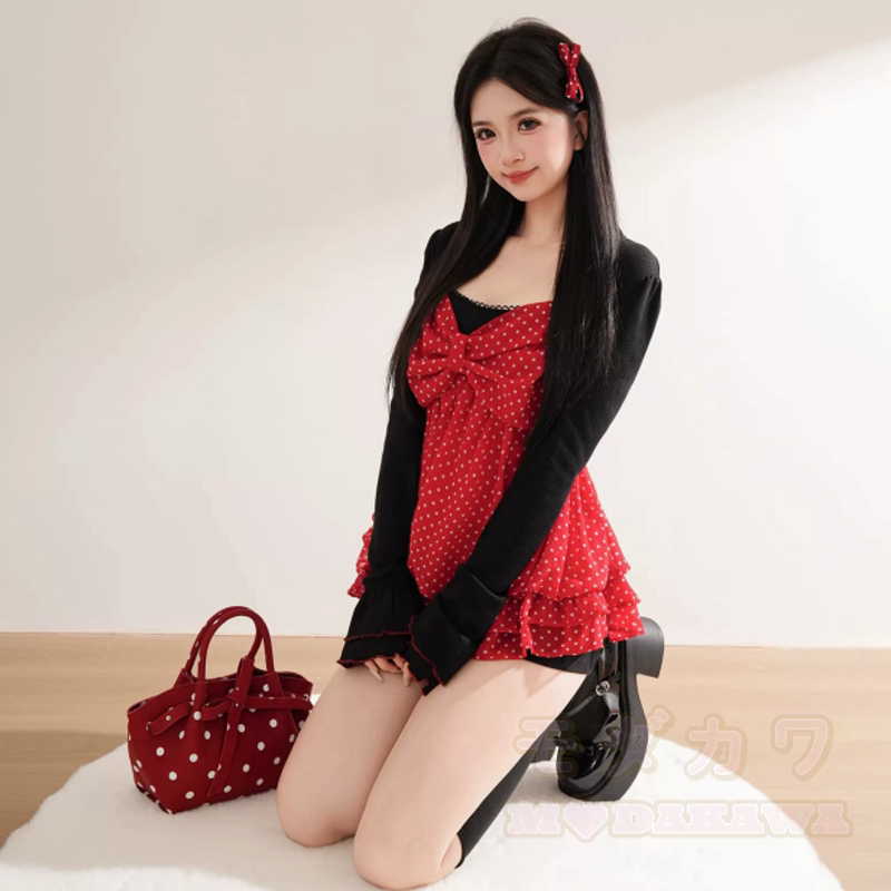 Süßes Polka-Dot-Schleifen-Top, Langarm-Cardigan, zweiteiliges Set mit passender Beuteltasche - image 5