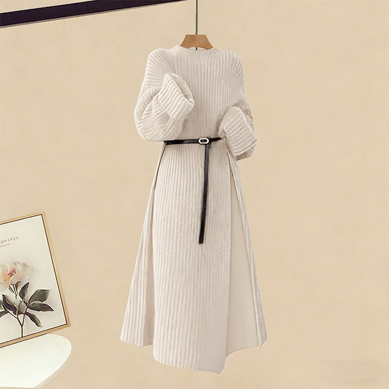 Strickkleid mit Gürtel, karierter Rock, passendes Outfit - Sweater Dress - XL - image 2