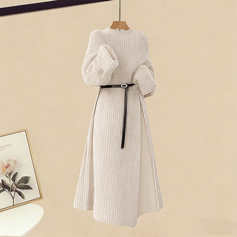 Strickkleid mit Gürtel, karierter Rock, passendes Outfit - Sweater Dress - XL - image 2