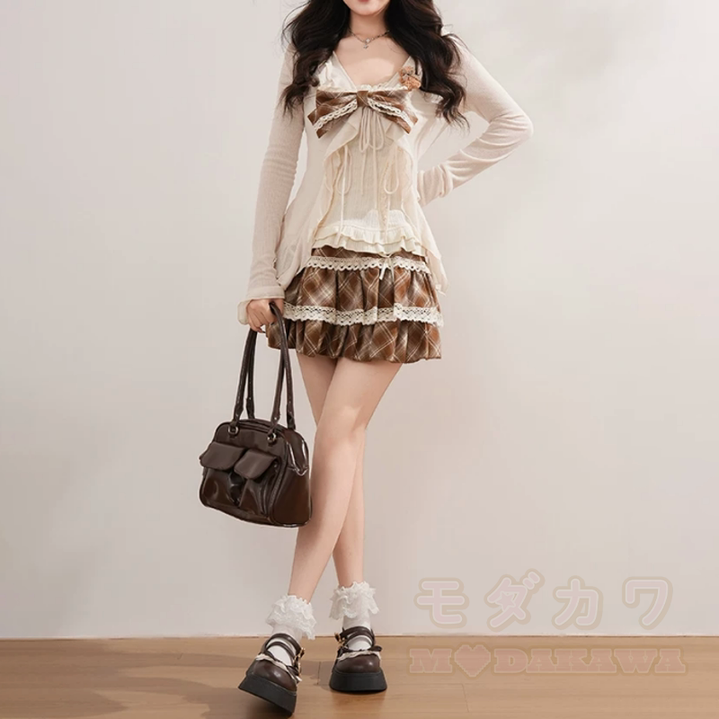Vintage Rüschen-Cardigan mit langen Ärmeln, kariertes Top mit Schleife, karierter Spitzenrock, dreiteiliges Set - image 5