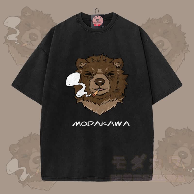 MODAKAWA Smoking Bear Grafik Unisex Vintage Washed T-Shirt - Schwarz - 5XL - image 9