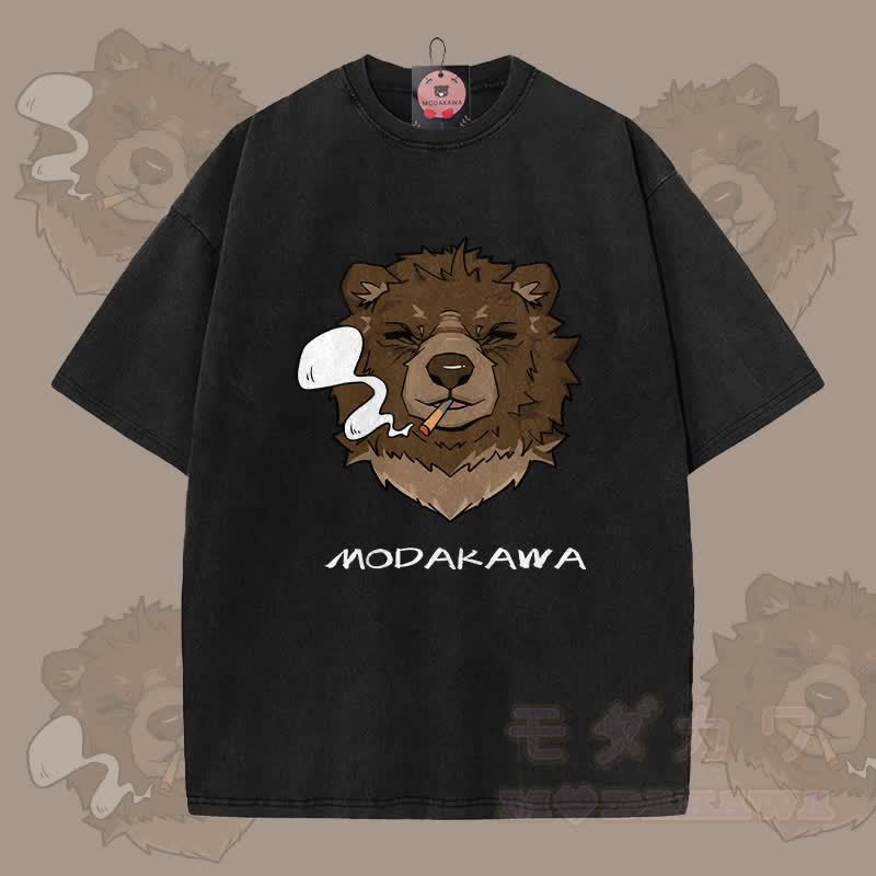 MODAKAWA Smoking Bear Grafik Unisex Vintage Washed T-Shirt - Schwarz - 5XL - image 9