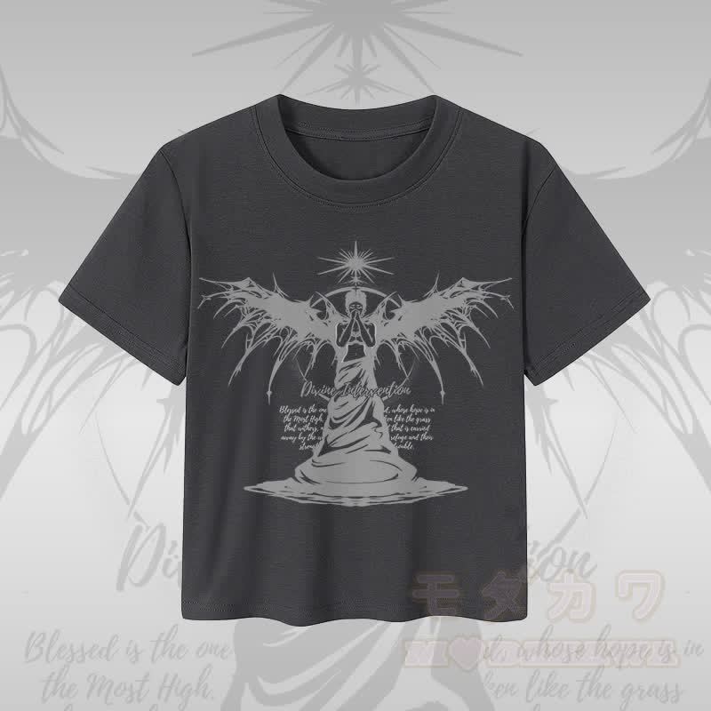 MODAKAWA DIVINE INTERVENTION Schwarzes Engel-Motiv, kurzes Damen-T-Shirt, 92 % gekämmte Baumwolle - Dunkelgrau - XL - image 4