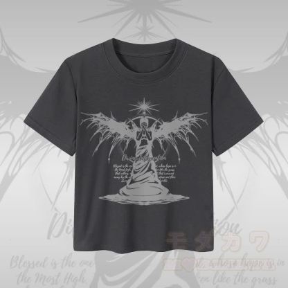 MODAKAWA DIVINE INTERVENTION Schwarzes Engel-Motiv, kurzes Damen-T-Shirt, 92 % gekämmte Baumwolle - Dunkelgrau - XL - image 4