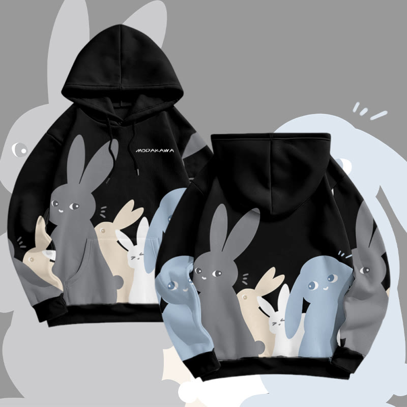 MODAKAWA Pullover-Hoodie mit pastellfarbenem Hasenmotiv und Allover-Print - Black - 8XL - image 4