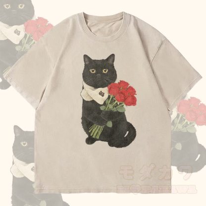 MODAKAWA Schwarze Katze mit Rosen Grafik Unisex Vintage Washed T-Shirt - Beige - 4XL - image 3