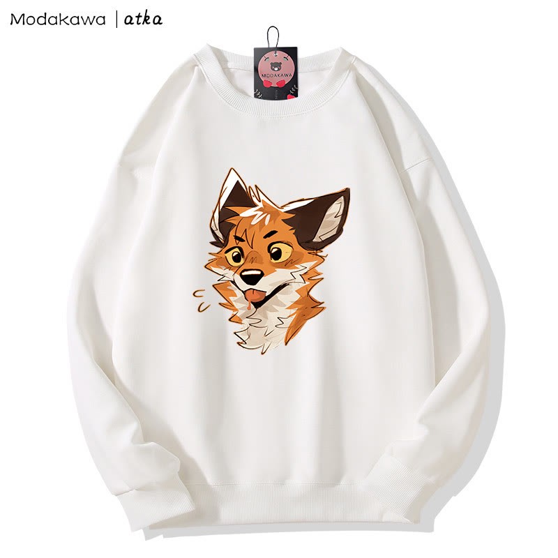 MODAKAWA X atka Cheeky Tongue-Out Fox Graphic Round Collar Sweatshirt - White - 5XL - image 3