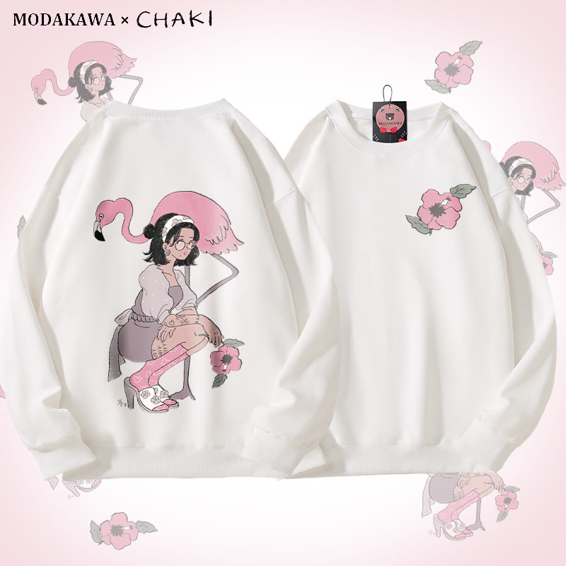 MODAKAWA X chaki Unisex-Sweatshirt mit Mädchen- und Flamingo-Grafik - White - 5XL - image 3