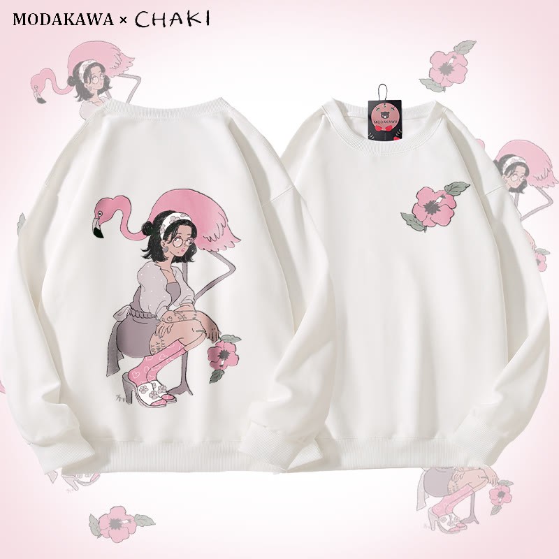 MODAKAWA X chaki Unisex-Sweatshirt mit Mädchen- und Flamingo-Grafik - White - 5XL - image 3