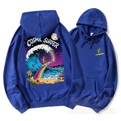 COSMIC SURFER Alien Surfing On Rainbow Wave Graphic Paar Passender Hoodie - Blau - 5XL - image 3
