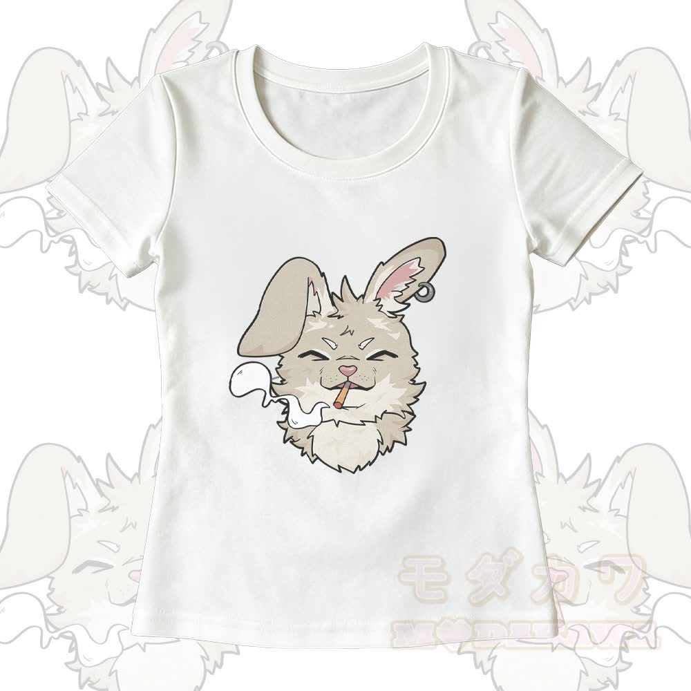Smoking Bunny Grafik-T-Shirt mit U-Ausschnitt und dazu passende Hose mit weitem Bein - Weißes T-Shirt - XL - image 3