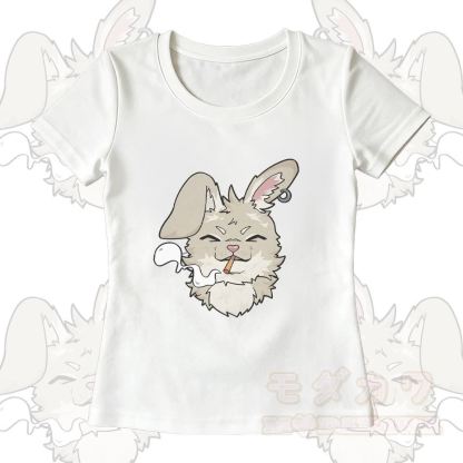 Smoking Bunny Grafik-T-Shirt mit U-Ausschnitt und dazu passende Hose mit weitem Bein - Weißes T-Shirt - XL - image 3