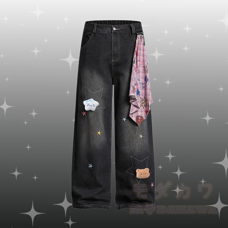 Flock Puppy Gingham Grafik-Polo-Shirt, Star Denimhose, Modakawa passendes Outfit - Schwarze Hose - XL - image 7