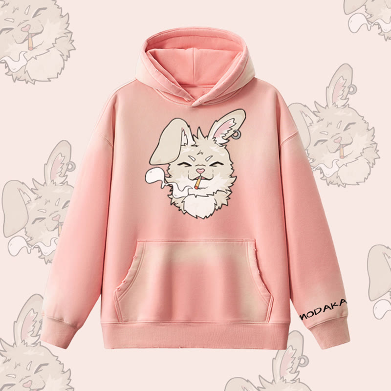 MODAKAWA Smoking Bunny Grafik Vintage Washed Fleece Lined Hoodie - Pink - 2XL - image 7