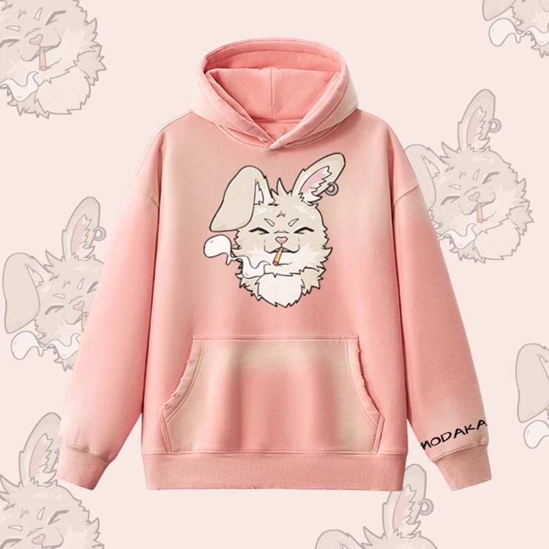 MODAKAWA Smoking Bunny Grafik Vintage Washed Fleece Lined Hoodie - Pink - 2XL - image 7