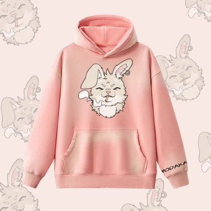 MODAKAWA Smoking Bunny Grafik Vintage Washed Fleece Lined Hoodie - Pink - 2XL - image 7