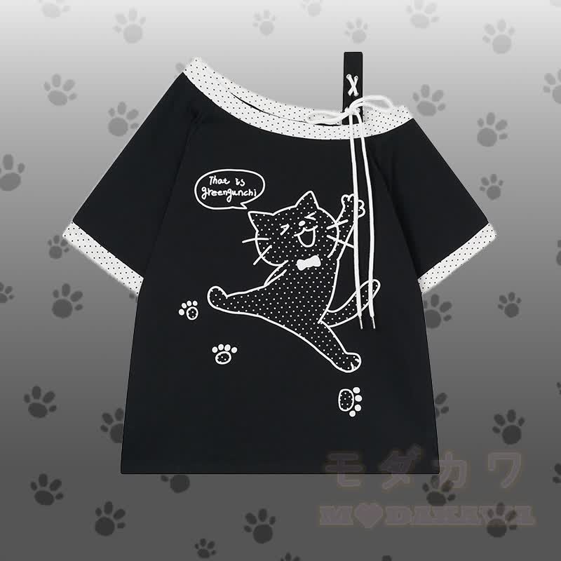 Polka Dot Cat Graphic One Shoulder T-Shirt Kitty Gingham Shorts Modakawa Matching Outfit - Schwarzes T-Shirt - L - image 3
