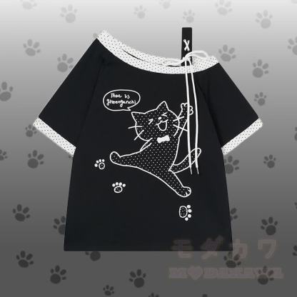 Polka Dot Cat Graphic One Shoulder T-Shirt Kitty Gingham Shorts Modakawa Matching Outfit - Schwarzes T-Shirt - L - image 3