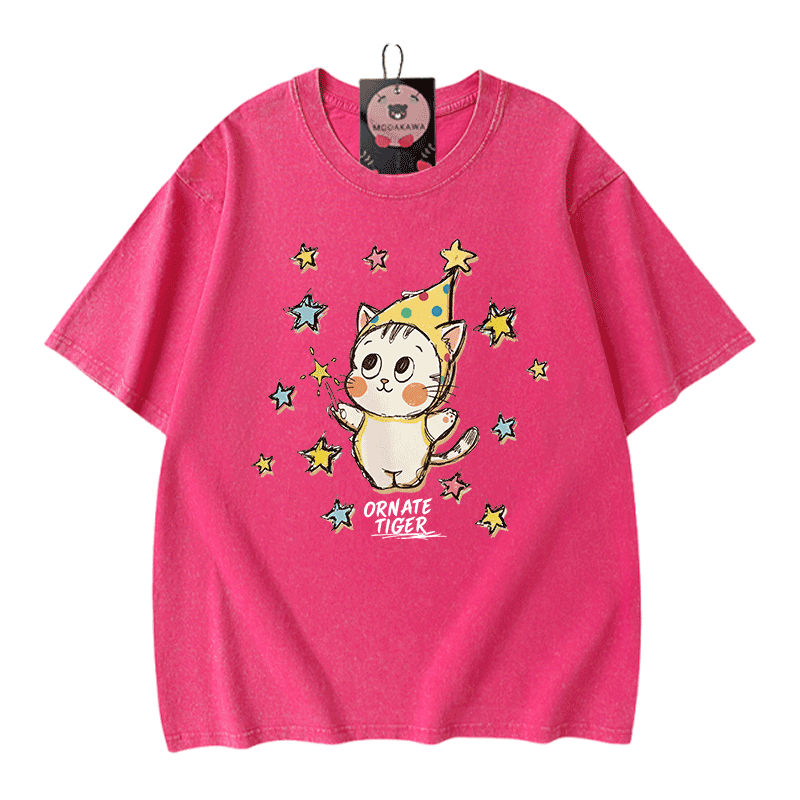 Verzierter Tiger, Stern-Tiger-Grafik, Modakawa Unisex Vintage Washed T-Shirt - Rose Red - 5XL - image 7