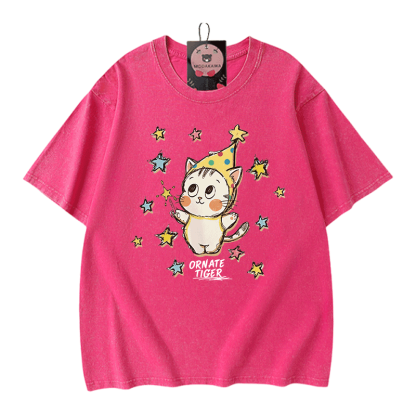 Verzierter Tiger, Stern-Tiger-Grafik, Modakawa Unisex Vintage Washed T-Shirt - Rose Red - 5XL - image 7