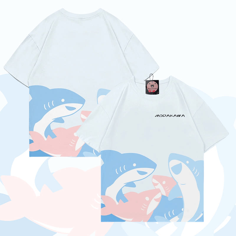 MODAKAWA Lustiges Hai-Grafik-Allover-Print-T-Shirt - White - 5XL - image 4
