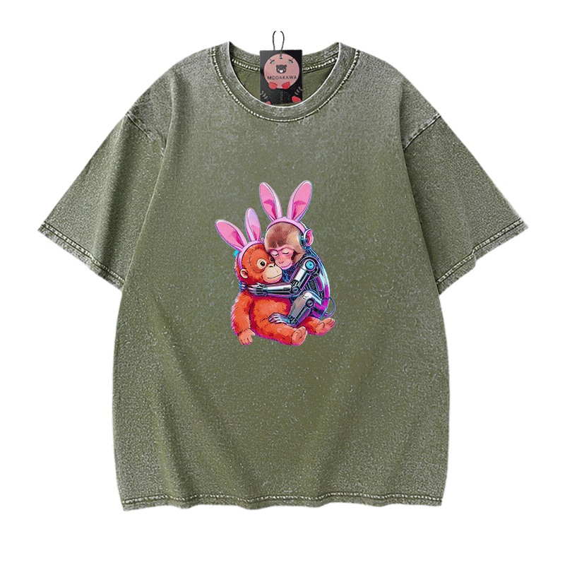 Modakawa Vintage T-Shirt mit Cyber-Affen-Motiv, gewaschen aus 100 % Baumwolle - Green - 5XL - image 8