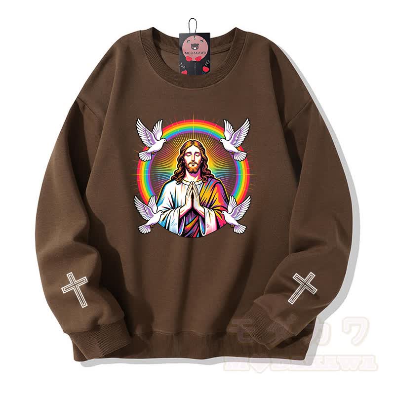 Modakawa Sweatshirt mit Regenbogen-Tauben-Kreuz-Motiv - Braun - 5XL - image 5