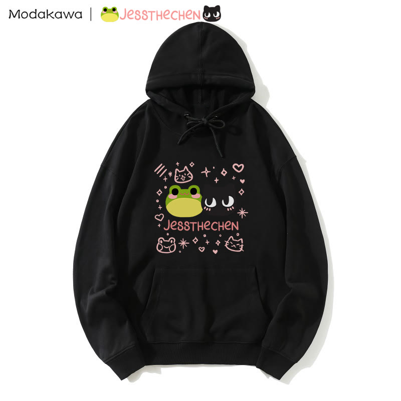 MODAKAWA X jessthechen – Lockerer Hoodie mit Frosch- und Kätzchen-Print - Black - 5XL - image 4