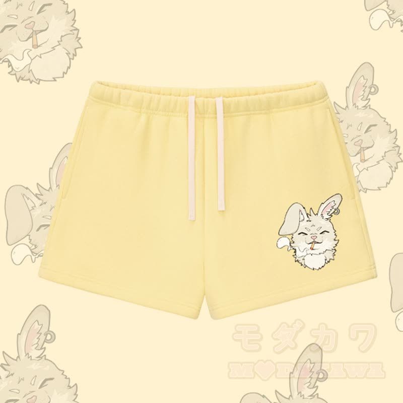 MODAKAWA Shorts mit Raucherhasen-Grafik und dickem Fleecefutter - Gelb - L - image 5