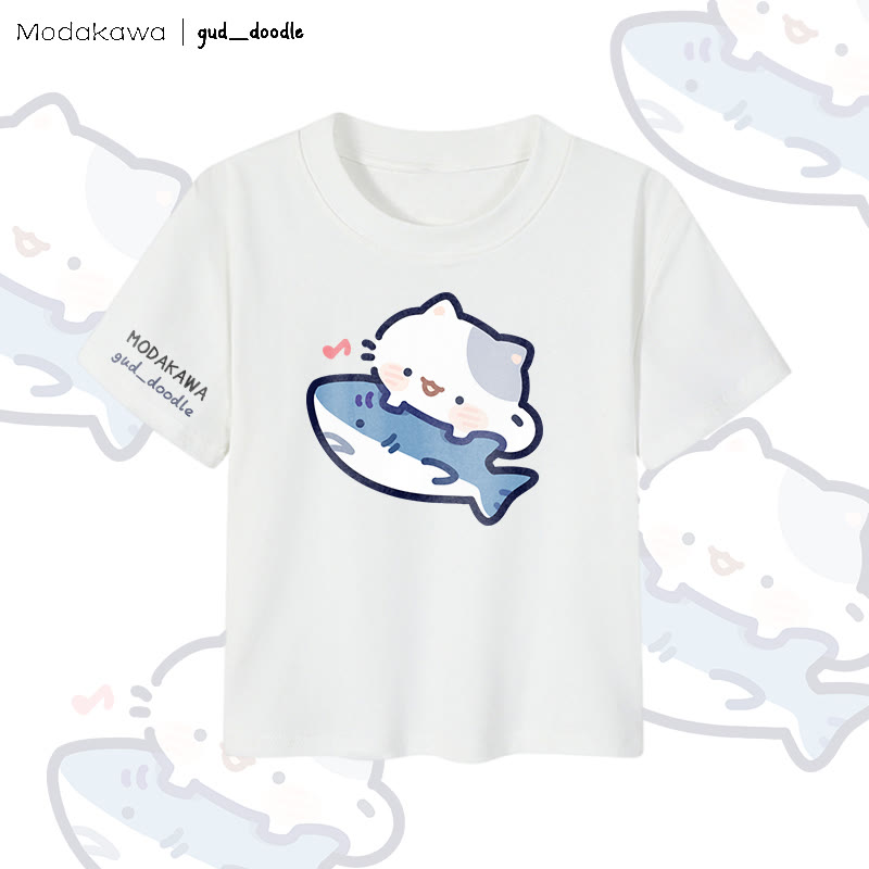 MODAKAWA X gud_doodle Damen-Crop-Top mit Katzen- und Hai-Motiv, 92 % gekämmte Baumwolle - White - XL - image 4