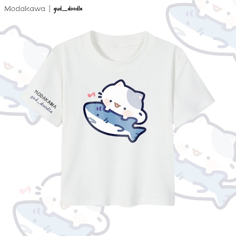 MODAKAWA X gud_doodle Damen-Crop-Top mit Katzen- und Hai-Motiv, 92 % gekämmte Baumwolle - White - XL - image 4