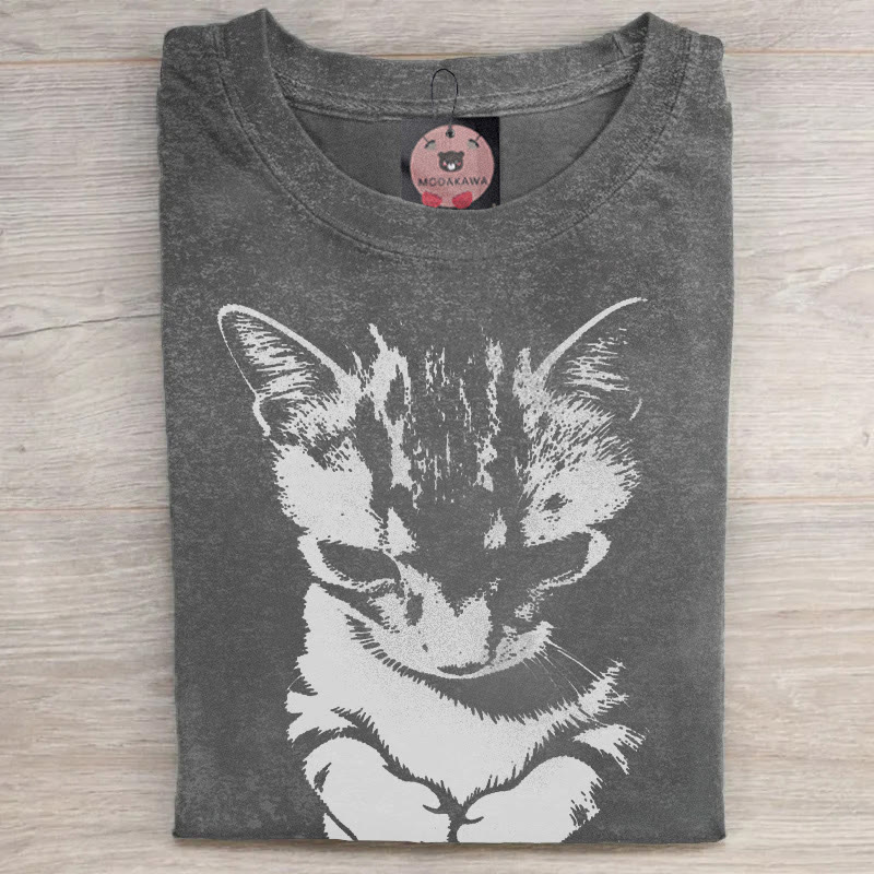 MODAKAWA Guilty Cat Grafik Unisex Vintage Washed T-Shirt - Grey - 5XL - image 2