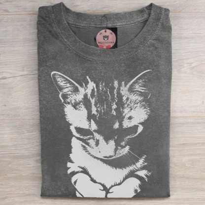 MODAKAWA Guilty Cat Grafik Unisex Vintage Washed T-Shirt - Grey - 5XL - image 2