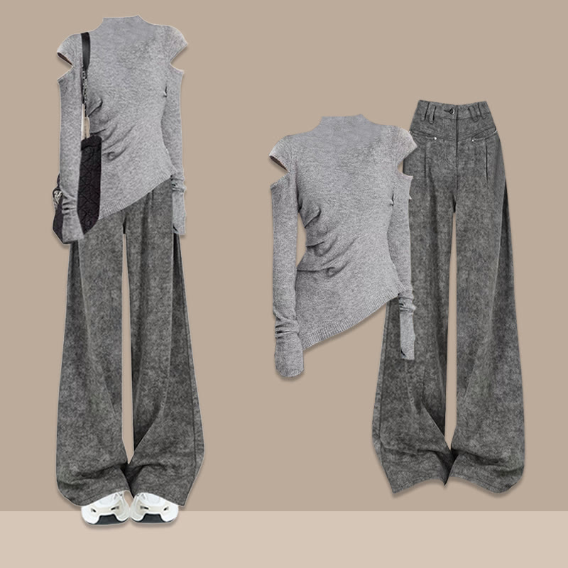 Zweiteiliger Pullover mit Kreuzstrickmuster und Hose mit weitem Bein - Grau D - XL - image 4