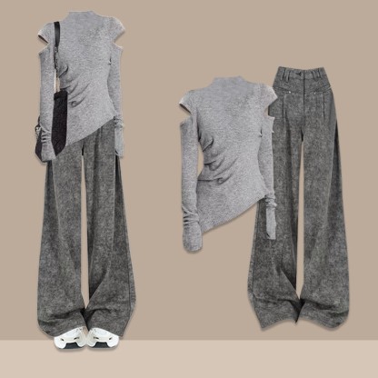 Zweiteiliger Pullover mit Kreuzstrickmuster und Hose mit weitem Bein - Grau D - XL - image 4