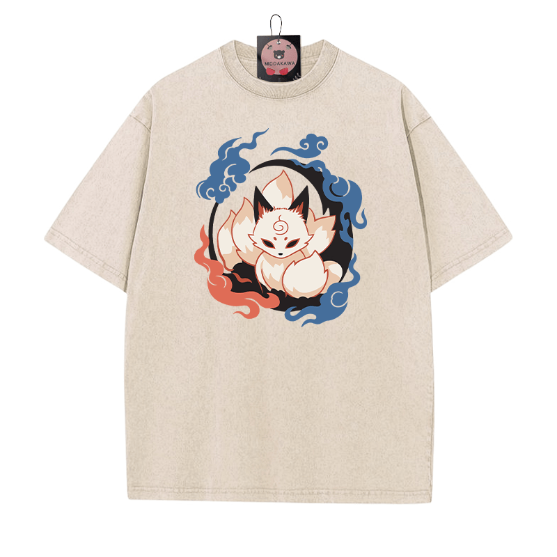 Mystischer neunschwänziger Fuchs Grafik Unisex Vintage Washed T-Shirt - Aprikose - 5XL - image 4