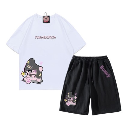 Unhappy Bunny Grafik Dunkle Ästhetik T-Shirt Shorts Zweiteiliges Set - Weiß&Schwarz - B - 5XL - image 11